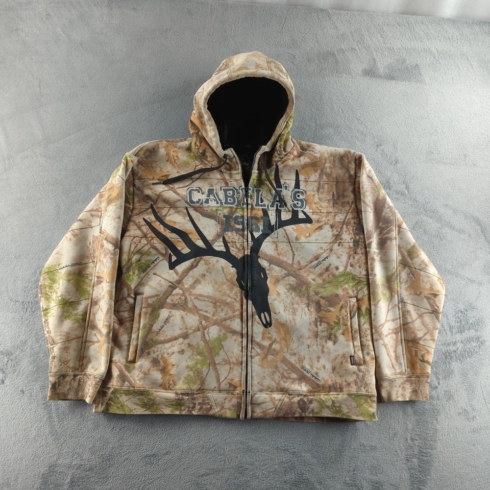 Cabela's Hoodie Mens 2XL Brown Camo Zonz Woodlands Full Zip Deer Antlers Hunting